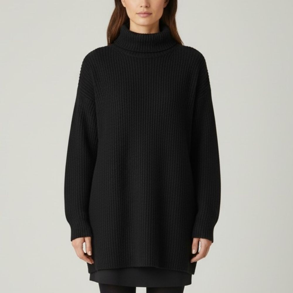Longline Black Mock Neck Sweater With Pockets